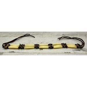 Vintage 70s Native Bone, Wood & Silver Tone Bead, Leather Choker/Headband